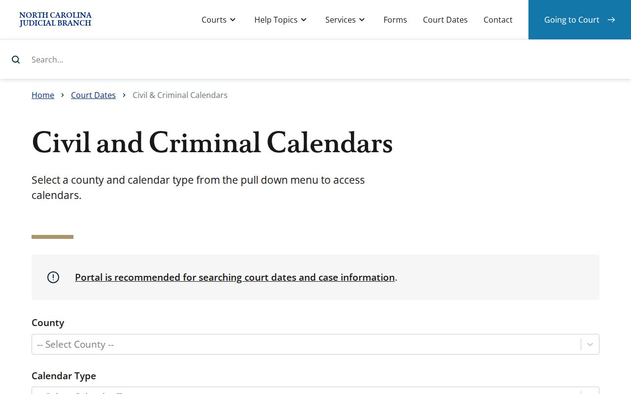 Wake County court dates civil calendar interface