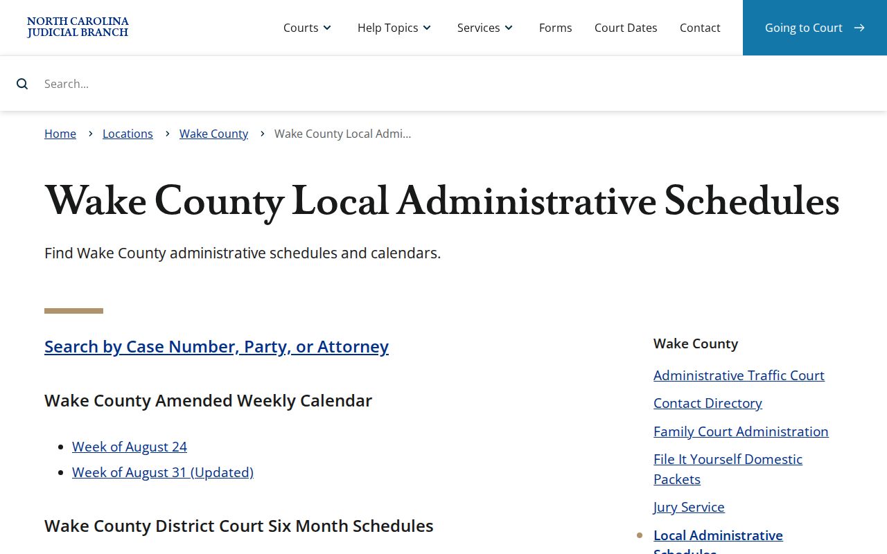 Wake County court calendar schedules page