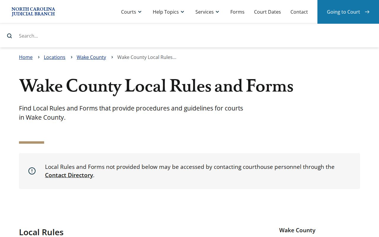 Wake County court calendar local rules and forms