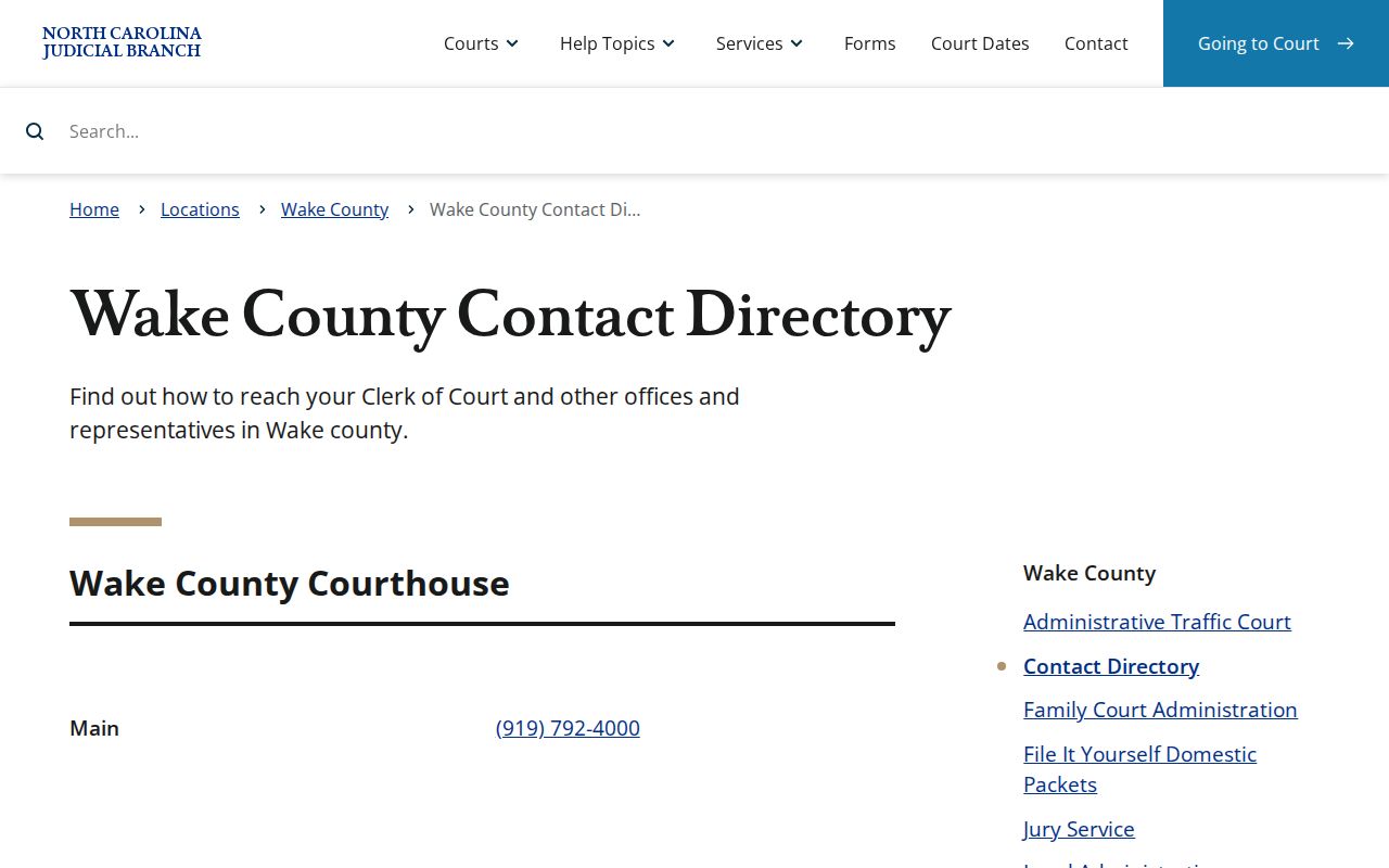 Wake County court docket Clerk contact directory